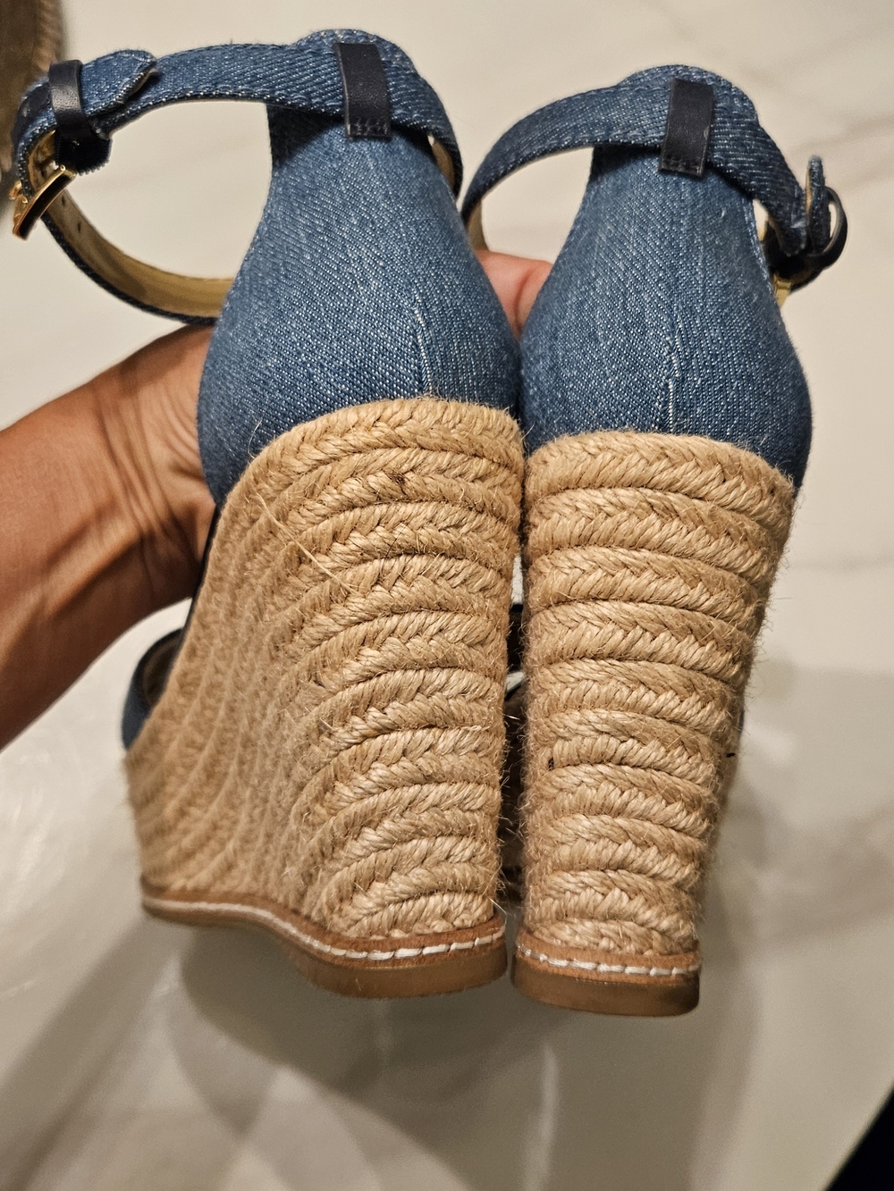 MICHAEL Michael Kors Navy Denim & Tan Jute Wedge Sandals with Gold Hardware - Picture 5 of 6